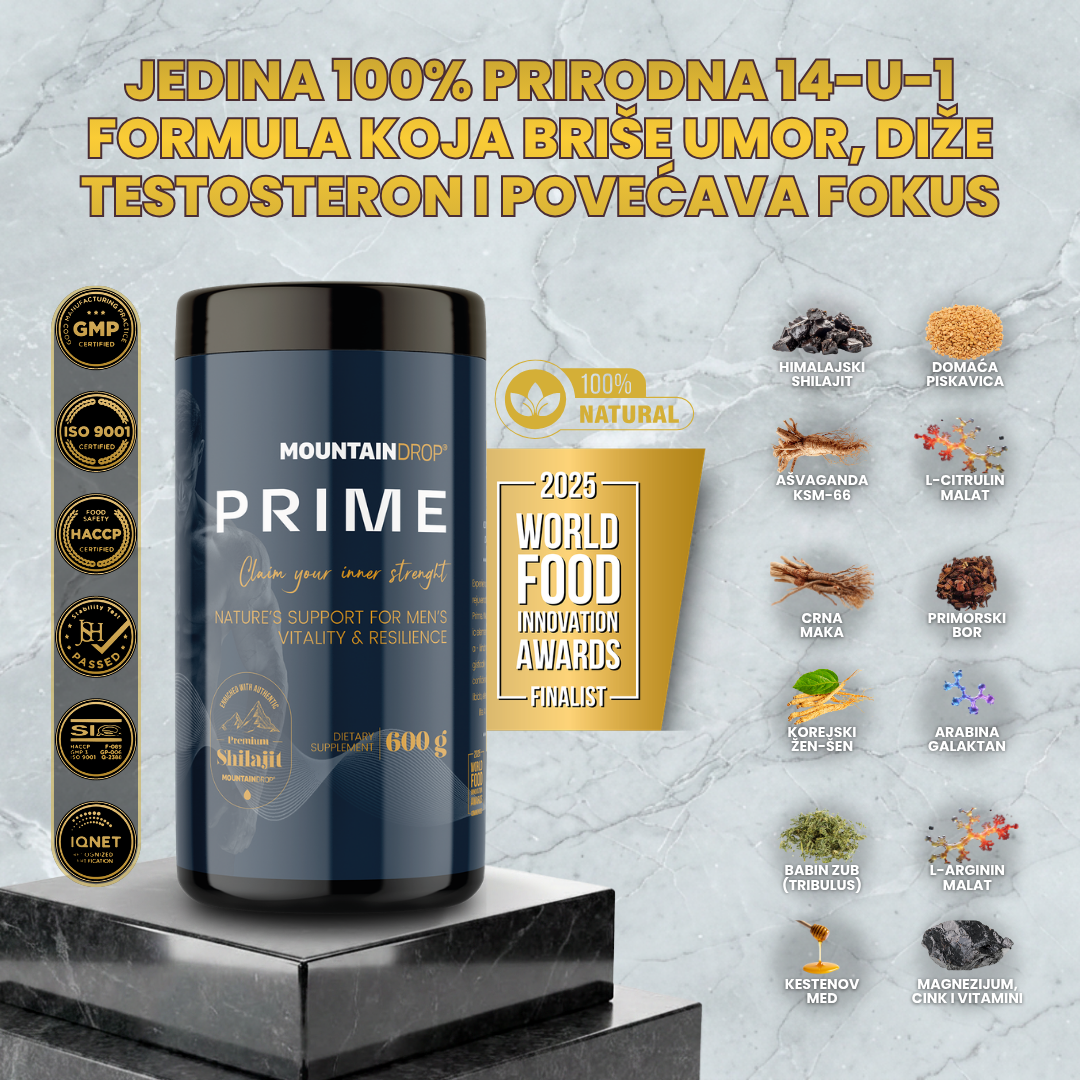 Mountaindrop Prime natural testosterone booster supplement in a bottle with label showing product name and branding.