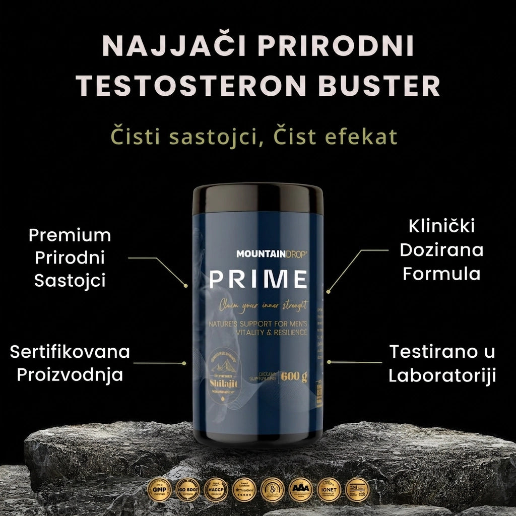 Mountaindrop Prime natural Testosterona booster supplement bottle with label, designed for male vitality enhancement.