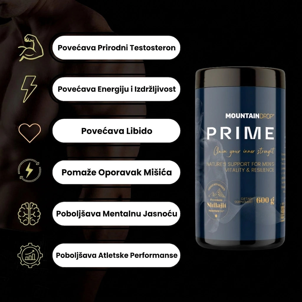 Mountaindrop Prime: Prirodni Buster Testosterona supplement bottle with label, showcasing natural testosterone booster from Mountaindrop.