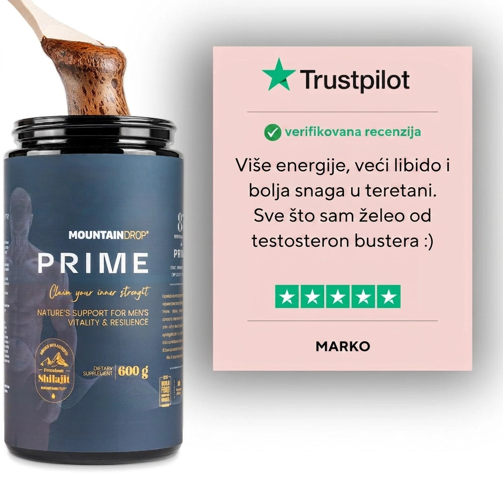 Mountaindrop Prime: Prirodni Buster Testosterona supplement bottle with label, showcasing natural testosterone booster supplement.