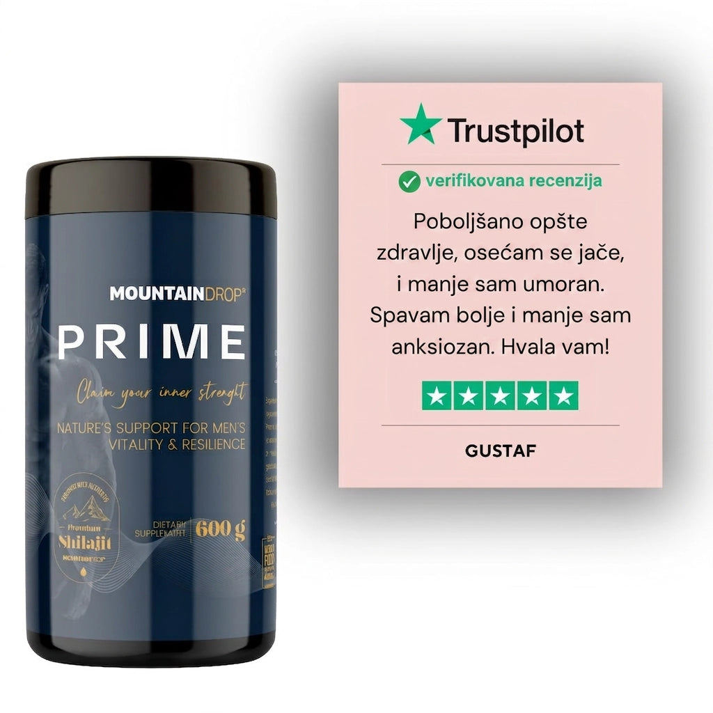 Mountaindrop Prime natural Buster Testosterona supplement bottle with label and cap, showcasing the Mountaindrop brand.